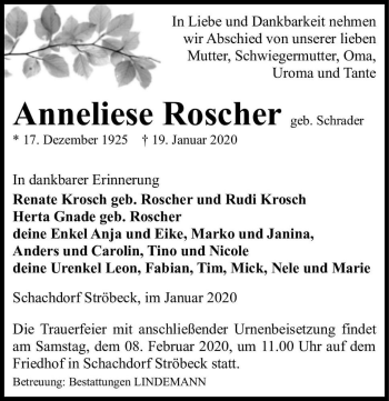 Traueranzeige von Anneliese Roscher (geb. Schrader)  von Magdeburger Volksstimme