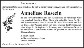 Traueranzeige von Anneliese Rosezin  von Magdeburger Volksstimme