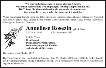 Traueranzeige von Anneliese Rosezin (geb. Schütze)  von Magdeburger Volksstimme