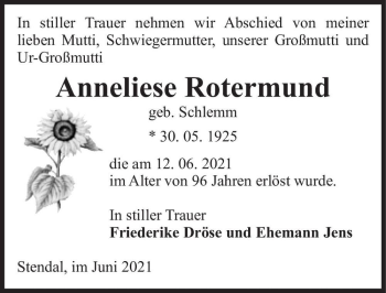 Traueranzeige von Anneliese Rotermund (geb. Schlemm)  von Magdeburger Volksstimme