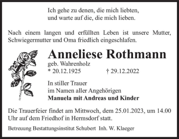 Traueranzeige von Anneliese Rothmann (geb. Wahrenholz)  von Magdeburger Volksstimme