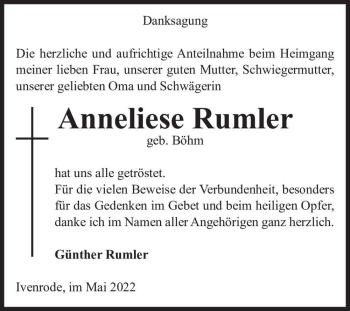 Traueranzeige von Anneliese Rumler (geb. Böhm)  von Magdeburger Volksstimme