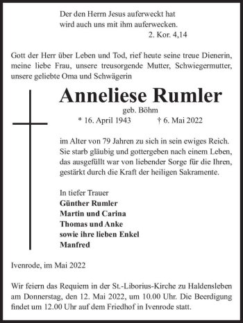 Traueranzeige von Anneliese Rumler (geb. Böhm)  von Magdeburger Volksstimme