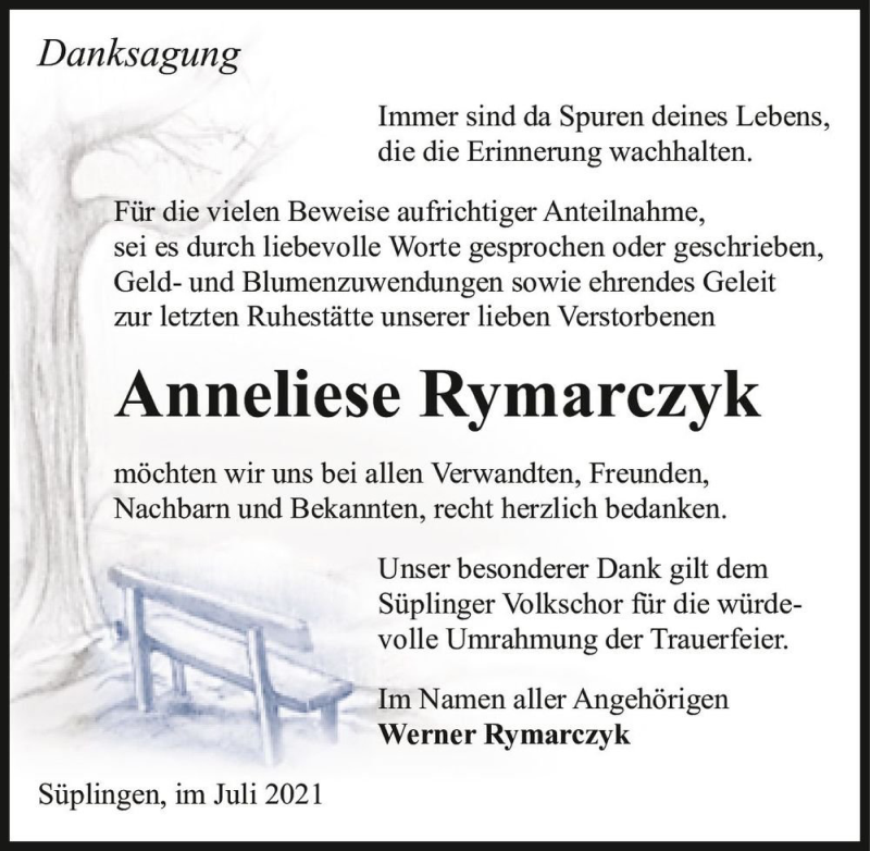  Traueranzeige für Anneliese Rymarczyk  vom 17.07.2021 aus Magdeburger Volksstimme