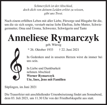 Traueranzeige von Anneliese Rymarczyk (geb. Würsig)  von Magdeburger Volksstimme
