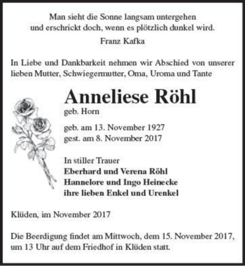 Traueranzeige von Anneliese Röhl (geb. Horn)  von Magdeburger Volksstimme