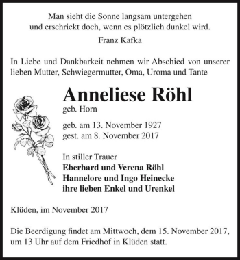 Traueranzeige von Anneliese Röhl (geb. Horn)  von Magdeburger Volksstimme
