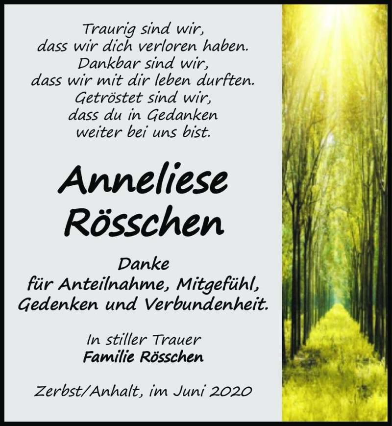  Traueranzeige für Anneliese Rösschen  vom 13.06.2020 aus Magdeburger Volksstimme