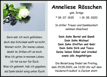 Traueranzeige von Anneliese Rösschen (geb. Dröge)  von Magdeburger Volksstimme