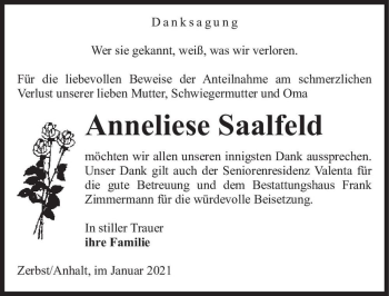 Traueranzeige von Anneliese Saalfeld  von Magdeburger Volksstimme