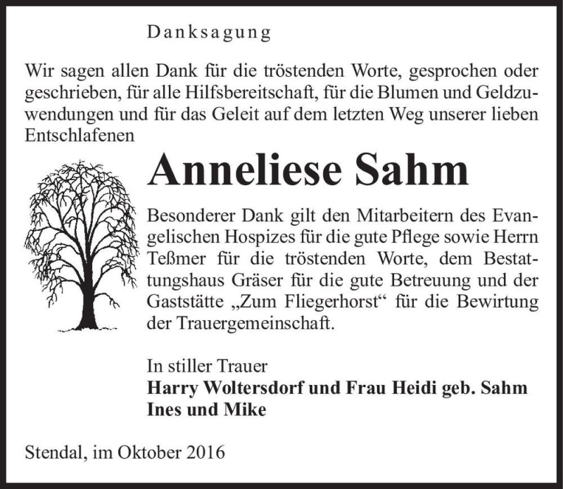  Traueranzeige für Anneliese Sahm  vom 27.10.2016 aus Magdeburger Volksstimme