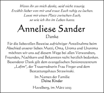Traueranzeige von Anneliese Sander  von Magdeburger Volksstimme