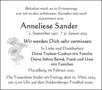 Traueranzeige von Anneliese Sander  von Magdeburger Volksstimme