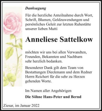 Traueranzeige von Anneliese Sattelkow  von Magdeburger Volksstimme
