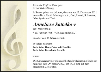 Traueranzeige von Anneliese Sattelkow (geb. Mahrenholz)  von Magdeburger Volksstimme