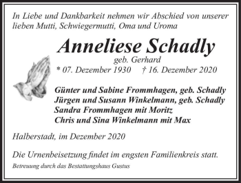 Traueranzeige von Anneliese Schadly (geb. Gerhard)  von Magdeburger Volksstimme