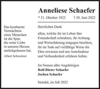 Traueranzeige von Anneliese Schaefer  von Magdeburger Volksstimme