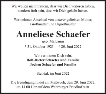 Traueranzeige von Anneliese Schaefer (geb. Maibaum)  von Magdeburger Volksstimme