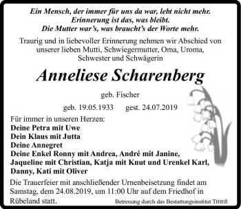 Traueranzeige von Anneliese Scharenberg (geb Fischer)  von Magdeburger Volksstimme