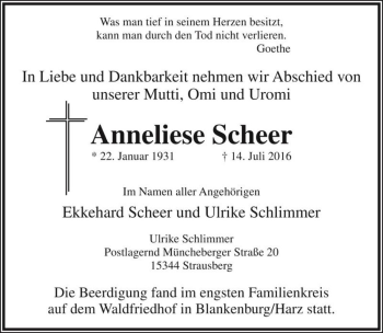 Traueranzeige von Anneliese Scheer  von Magdeburger Volksstimme
