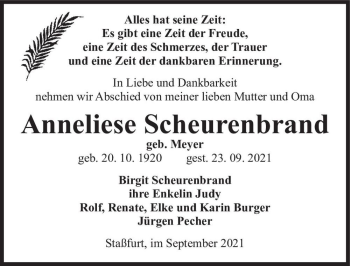 Traueranzeige von Anneliese Scheurenbrand (geb. Meyer)  von Magdeburger Volksstimme