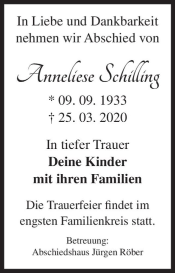 Traueranzeige von Anneliese Schilling  von Magdeburger Volksstimme