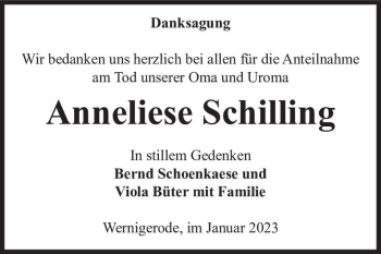 Traueranzeige von Anneliese Schilling  von Magdeburger Volksstimme
