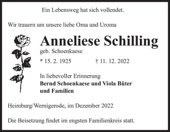 Traueranzeige von Anneliese Schilling (geb. Schoenkaese)  von Magdeburger Volksstimme
