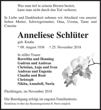 Traueranzeige von Anneliese Schlüter (geb. Knabe)  von Magdeburger Volksstimme