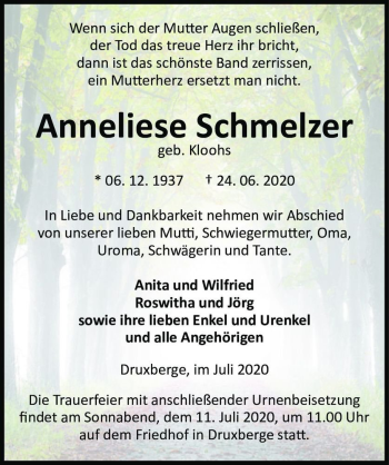 Traueranzeige von Anneliese Schmelzer (geb. Kloohs)  von Magdeburger Volksstimme
