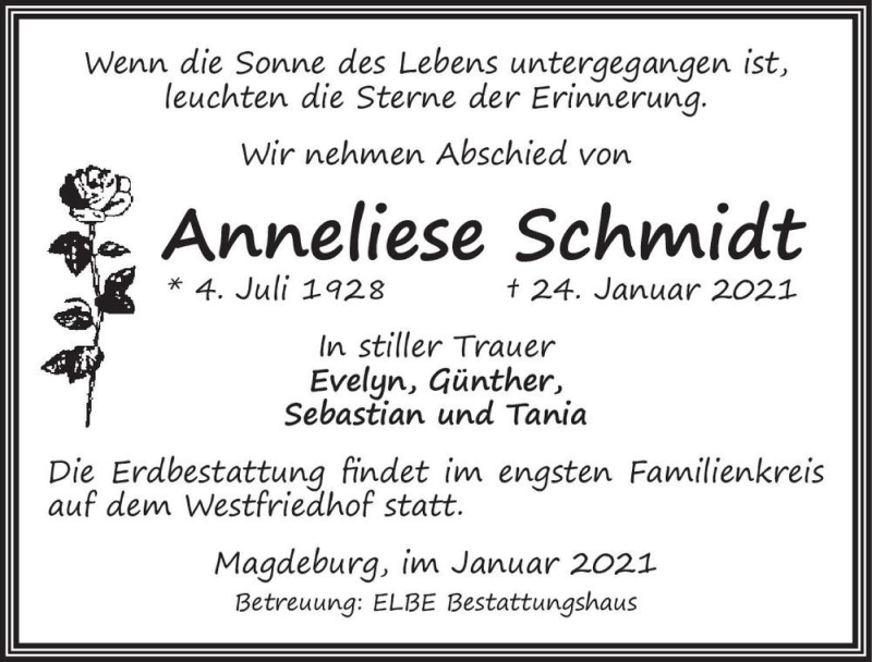  Traueranzeige für Anneliese Schmidt  vom 30.01.2021 aus Magdeburger Volksstimme