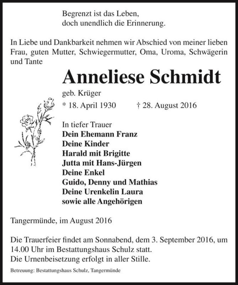  Traueranzeige für Anneliese Schmidt (geb. Krüger)  vom 31.08.2016 aus Magdeburger Volksstimme