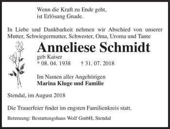 Traueranzeige von Anneliese Schmidt (geb Kaiser)  von Magdeburger Volksstimme
