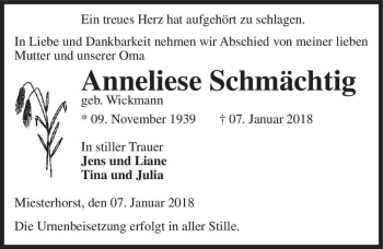 Traueranzeige von Anneliese Schmächtig (geb. Wickmann)  von Magdeburger Volksstimme