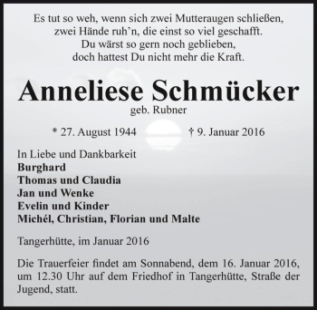 Traueranzeige von Anneliese Schmücker (geb. Rubner)  von Magdeburger Volksstimme