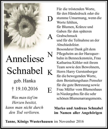 Traueranzeige von Anneliese Schnabel (geb. Hanka)  von Magdeburger Volksstimme