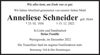 Traueranzeige von Anneliese Schneider (geb. Holst)  von Magdeburger Volksstimme