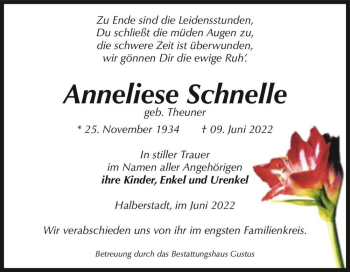 Traueranzeige von Anneliese Schnelle (geb. Theuner)  von Magdeburger Volksstimme