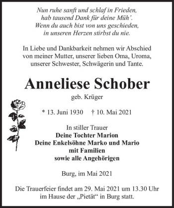 Traueranzeige von Anneliese Schober (geb. Krüger)  von Magdeburger Volksstimme