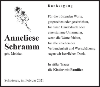 Traueranzeige von Anneliese Schramm (geb. Melzian)  von Magdeburger Volksstimme