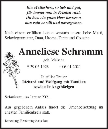 Traueranzeige von Anneliese Schramm (geb. Melzian)  von Magdeburger Volksstimme