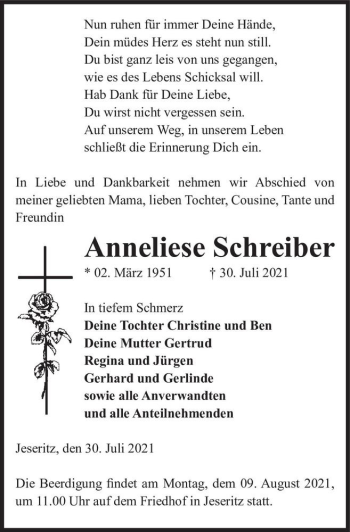Traueranzeige von Anneliese Schreiber  von Magdeburger Volksstimme