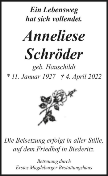 Traueranzeige von Anneliese Schröder (geb. Hauschildt)  von Magdeburger Volksstimme