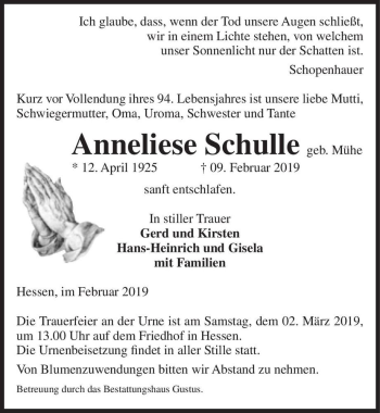 Traueranzeige von Anneliese Schulle (geb. Mühe)  von Magdeburger Volksstimme