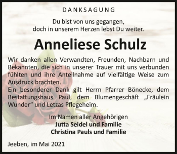 Traueranzeige von Anneliese Schulz  von Magdeburger Volksstimme