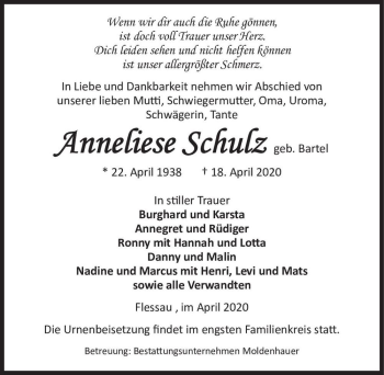 Traueranzeige von Anneliese Schulz (geb. Bartel)  von Magdeburger Volksstimme