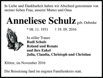 Traueranzeige von Anneliese Schulz (geb. Oehmke)  von Magdeburger Volksstimme