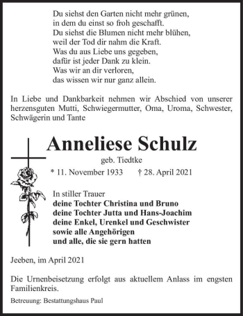 Traueranzeige von Anneliese Schulz (geb. Tiedtke)  von Magdeburger Volksstimme