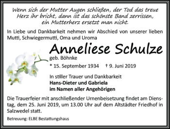 Traueranzeige von Anneliese Schulze (geb. Böhnke)  von Magdeburger Volksstimme