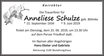 Traueranzeige von Anneliese Schulze (geb. Böhnke)  von Magdeburger Volksstimme